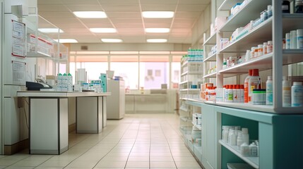 Poster - blurred unfocused pharmacy interior with shelves with medicines