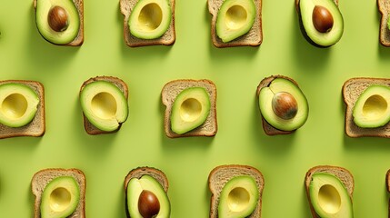 Sticker - Avocado toast. Healthy toast with avocado for breakfast or lunch with rye bread. Clean eating, dieting, vegan food concept. Food recipe. Long banner format. top view.