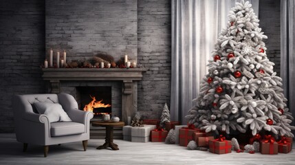 Poster - Decorated Christmas room with beautiful fir tree