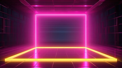 Aufkleber - 3d rendering, yellow pink squares, neon light, blank frames, abstract ultraviolet background, glowing lines, portal, vibrant colors, empty virtual windows, night club interior, fashion podium