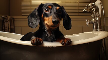 Wall Mural - dog dachshund, black and tan, takes a bath