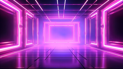 Aufkleber - 3d rendering, yellow pink squares, neon light, blank frames, abstract ultraviolet background, glowing lines, portal, vibrant colors, empty virtual windows, night club interior, fashion podium