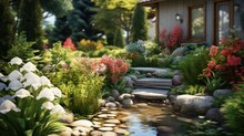 Landscape Design In Home Garden Close-up, Beautiful Landscaped Garden With Plants, Bush, Rocks And Small Fountain. Nice Landscaping Of Residential House Backyard In Summer. Nature And Stones Theme.