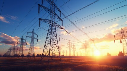 solar panels with electricity pylon and sunset. clean energy concept. power alternative