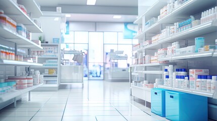 Poster - blurred unfocused pharmacy interior with shelves with medicines