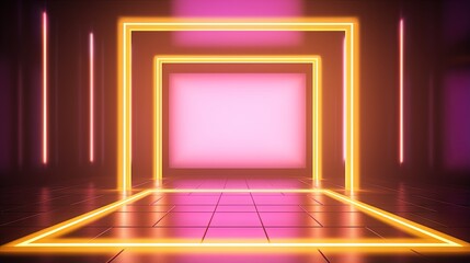 Aufkleber - 3d rendering, yellow pink squares, neon light, blank frames, abstract ultraviolet background, glowing lines, portal, vibrant colors, empty virtual windows, night club interior, fashion podium