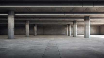 Poster - 3d render of concrete architecture with car park, empty cement floor.