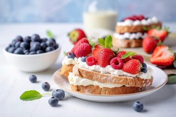 Fresh breakfast with Blueberry, Strawberry, raspberry ricotta rye sandwiches.