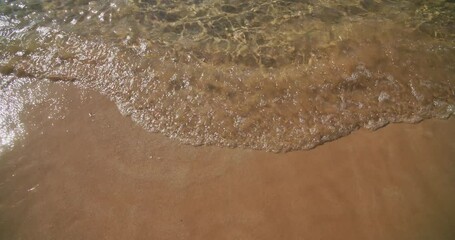 Poster - Sandy Yellow Beach And Calm Sea Ocean Waves. Sea Waves Wash Sandy Shore. White Bubbles Waves. Sea Beach Background. Concept Of Summer Holidays, Walks Along Coast. Copy Space. Waves Hitting Sand Beach.