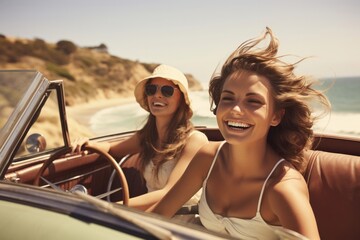 Wall Mural - Traveling lifestyle car young female person beautiful summer friends vacation