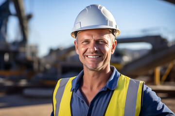 portrait of smiling man working on site wearing hard hat in sunshine, high vis vest, and ppe	