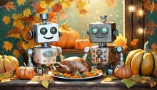 Two Friendly Quirky Square Robots Sitting Down To Enjoy Thanksgiving Turkey Dinner Surrounded By Orange Pumpkins And Autumn Leaves