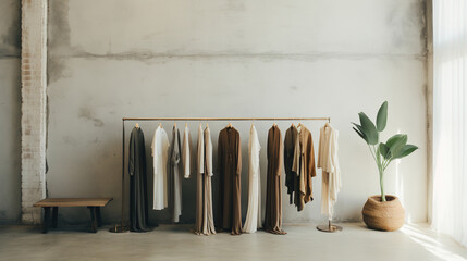 Wall Mural - Generative AI, Cloth store aesthetic background, photo of clothes hanging on hangers, muted neutral colors	