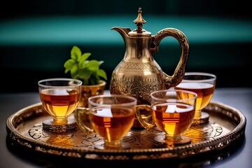 Traditional Moroccan tea set with decorative teapots, glasses, and mint leaves.