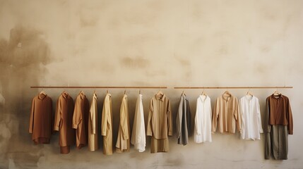 Wall Mural - Generative AI, Cloth store aesthetic background, photo of clothes hanging on hangers, muted neutral colors	