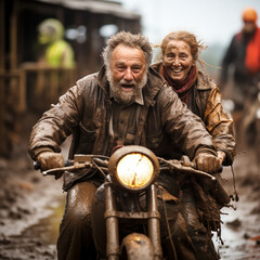 pure joie de vivre, older couple - pensioners, drives laughing on an old motorcycle to enjoy life, ai generated