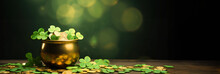 Banner St Patricks Day With Treasure Of Leprechaun, Pot Full Of Golden Coins And Shamrocks On Festive Green Background.