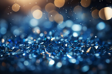 Canvas Print - Sapphire glitter bokeh background. Unfocused shimmer royal blue sparkle. Crystal droplets wallpaper. AI generative