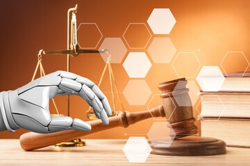 Poster - AI law concept with robot hand hold wooden gavel, AI generated image