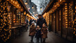 père et ses enfants au marché de Noël avec boutiques décorées et luminaires