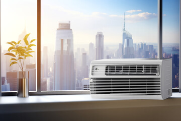 Poster - Strategically placed on a windowsill, a small AC unit captures the reflections of towering urban structures, juxtaposing nature's breeze with man-made coolness.