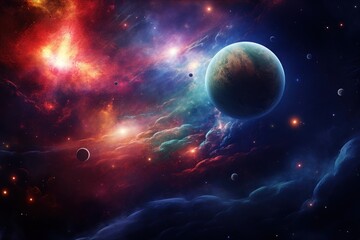 Wall Mural - Cosmic nebula with vibrant planets and shimmering stars in deep space.