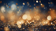 Christmas magical shiny wallpaper - golden stars, confetti and dusk with bokeh over dark blue background. AI generated