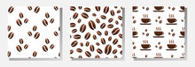 Coffee Cups And Roasted Coffee Beans On White Background. Vector Seamless Patterns Collection. Best For Textile, Cafe Decor, Wallpapers, Wrapping Paper, Package And Your Design.