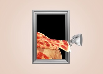 Wall Mural - Digital collage, slice of pizza, with frame