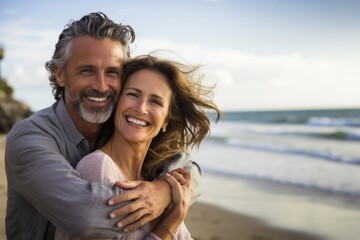 Joyful middle aged couple, a man and woman, sharing a loving hug on a beach