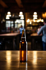 close up of a bottle of beer with blurred Bartender and bar in the back with empty copy space	
