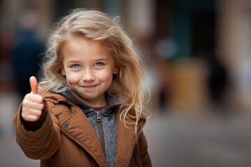 Wall Mural - Cute little blonde girl wearing winter clothes showing thumb up outdoors.