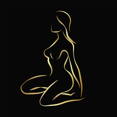 Wall Mural - Beautiful woman body logo. Young female silhouette. Elegant, feminine lines. Beauty icon isolated on dark background. Long wavy hairstyle attractive model. Glamour style nude figure.