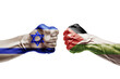 Israeli Palestinian conflict, fists facing each other on white background, concept of war, clash, disagreement
