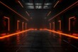 Dark underground warehouse with neon orange laser glow on tiled floor. Generative AI