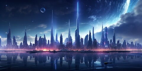 Wall Mural - a futuristic night city in the distance glowing with neon light. surrealistic skyscrapers. cyberpunk