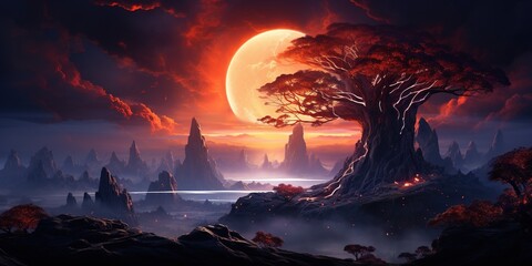 Wall Mural - alien planet landscape with glowing sun and mountains with fantastic rocks formations