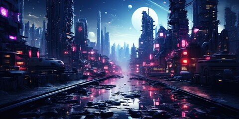 Wall Mural - cyberpunk streets illustration, futuristic city, dystoptic artwork at night