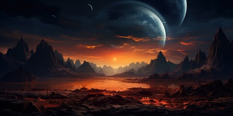 landscape of an alien planet, view of another planet surface, science fiction background.