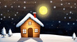 Winter house with snow and stars at night digital painting