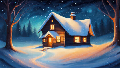 Cute winter wood house at night with lots of snow and copy space