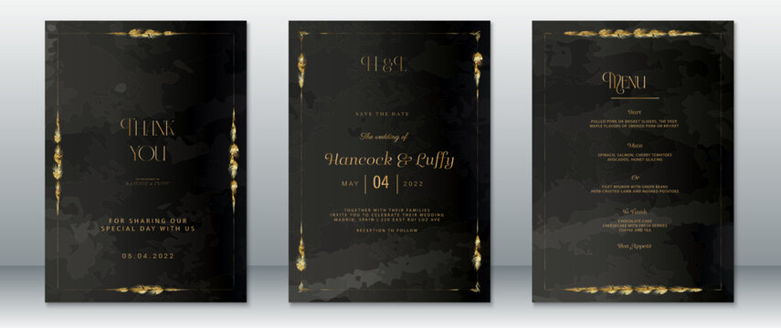 Golden wedding invitation card template luxury design dark background with gold frame 