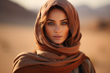 Wall Mural - Beautiful arabic woman wearing veil in sandy desert Generative Ai illustration