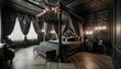 Modern gothic bedroom interior, characterized by dark hues, ornate patterns, and luxurious fabrics. The room features a four-poster bed with draped curtains, intricate wall designs.
