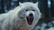 Snarling White Wolf in Winter Wonderland. Angry White Wolf in Snowy Forest. A White Wolf’s Threatening Display. Generative AI