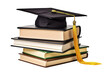 © JetHuynh - front view of stacked books, a graduation cap for education day isolated white background