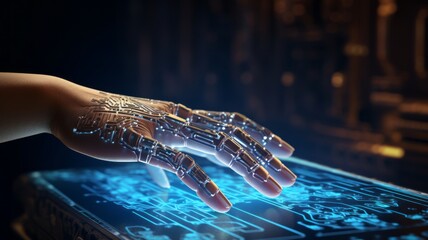 Wall Mural - futuristic abstract image of human hand touching an information digital environment. hand permeated 