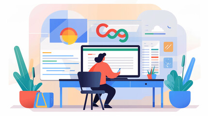 Illustration of a person setting up their business profile on a computer at a desk. appear focused and determined