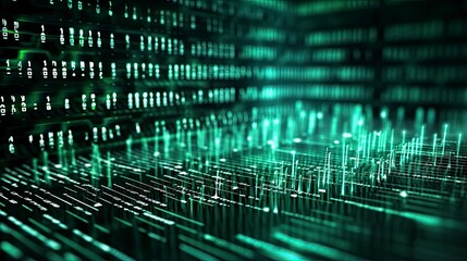 An abstract digital background with binary code and AI algorithms running in the background.