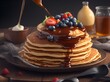 stack of pancakes with syrup and fruits,national pancake day concept